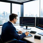 A professional financial analyst in a modest business suit, seated attentively at a sleek, minimalist desk. Multiple large monitors display intricate financial charts and digital dashboards. One hand rests on a tablet showing a clear growth graph, while the other holds a stylus, indicating thoughtful engagement with data analysis. The setting is a high-tech, modern financial office with expansive floor-to-ceiling windows overlooking a vibrant city skyline. The desk is meticulously organized with a single, elegant potted plant adding a touch of natural balance. The atmosphere is calm, precise, and professional.