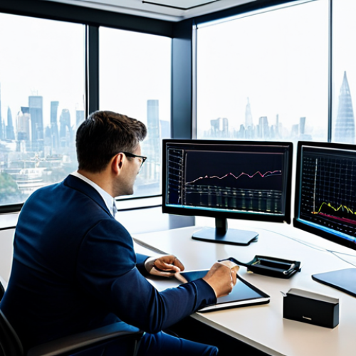 Home 4 A professional financial analyst in a modest business suit, seated attentively at a sleek, minimalist desk. Multiple large monitors display intricate financial charts and digital dashboards. One hand rests on a tablet showing a clear growth graph, while the other holds a stylus, indicating thoughtful engagement with data analysis. The setting is a high-tech, modern financial office with expansive floor-to-ceiling windows overlooking a vibrant city skyline. The desk is meticulously organized with a single, elegant potted plant adding a touch of natural balance. The atmosphere is calm, precise, and professional.