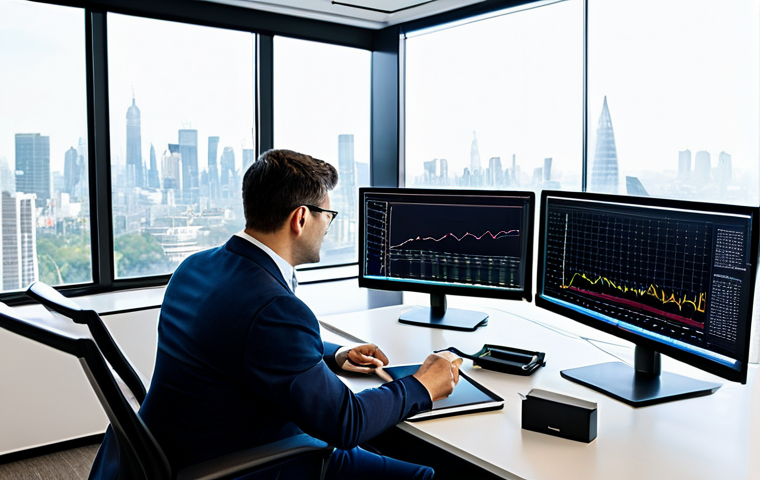 A professional financial analyst in a modest business suit, seated attentively at a sleek, minimalist desk. Multiple large monitors display intricate financial charts and digital dashboards. One hand rests on a tablet showing a clear growth graph, while the other holds a stylus, indicating thoughtful engagement with data analysis. The setting is a high-tech, modern financial office with expansive floor-to-ceiling windows overlooking a vibrant city skyline. The desk is meticulously organized with a single, elegant potted plant adding a touch of natural balance. The atmosphere is calm, precise, and professional.